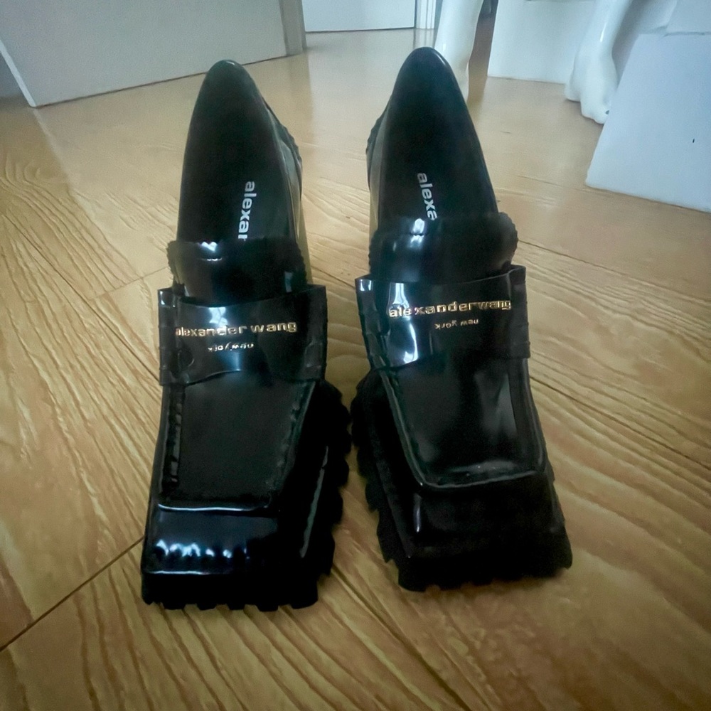 Alexander Wang patent leather square toe jagged edge loafer heel with gold logo
